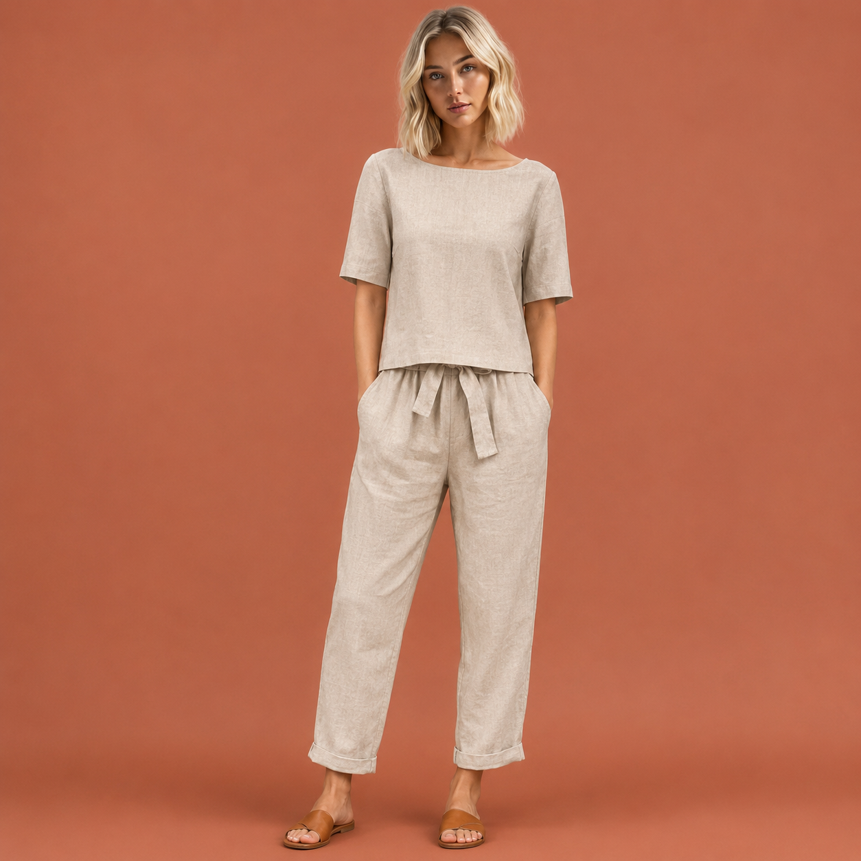 Dames linnen set in beige met minimalistisch design, zacht en comfortabel voor casual en stijlvolle outfits.