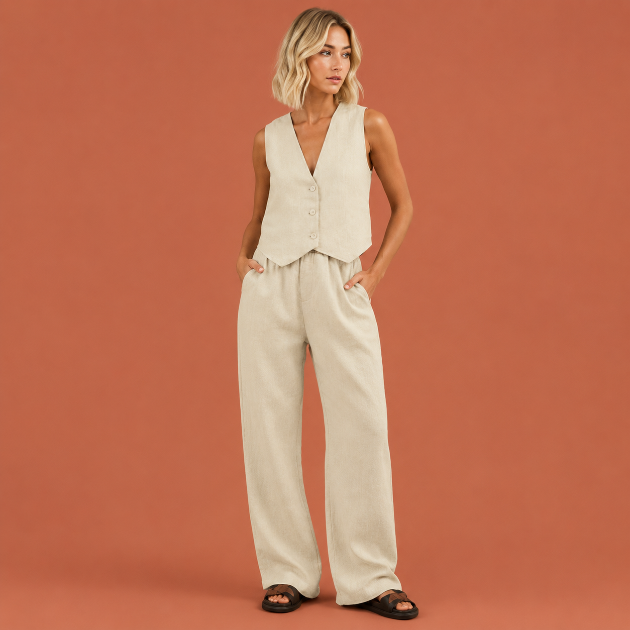 Dames linnen set in beige met minimalistisch design, zacht en comfortabel voor casual en stijlvolle outfits.