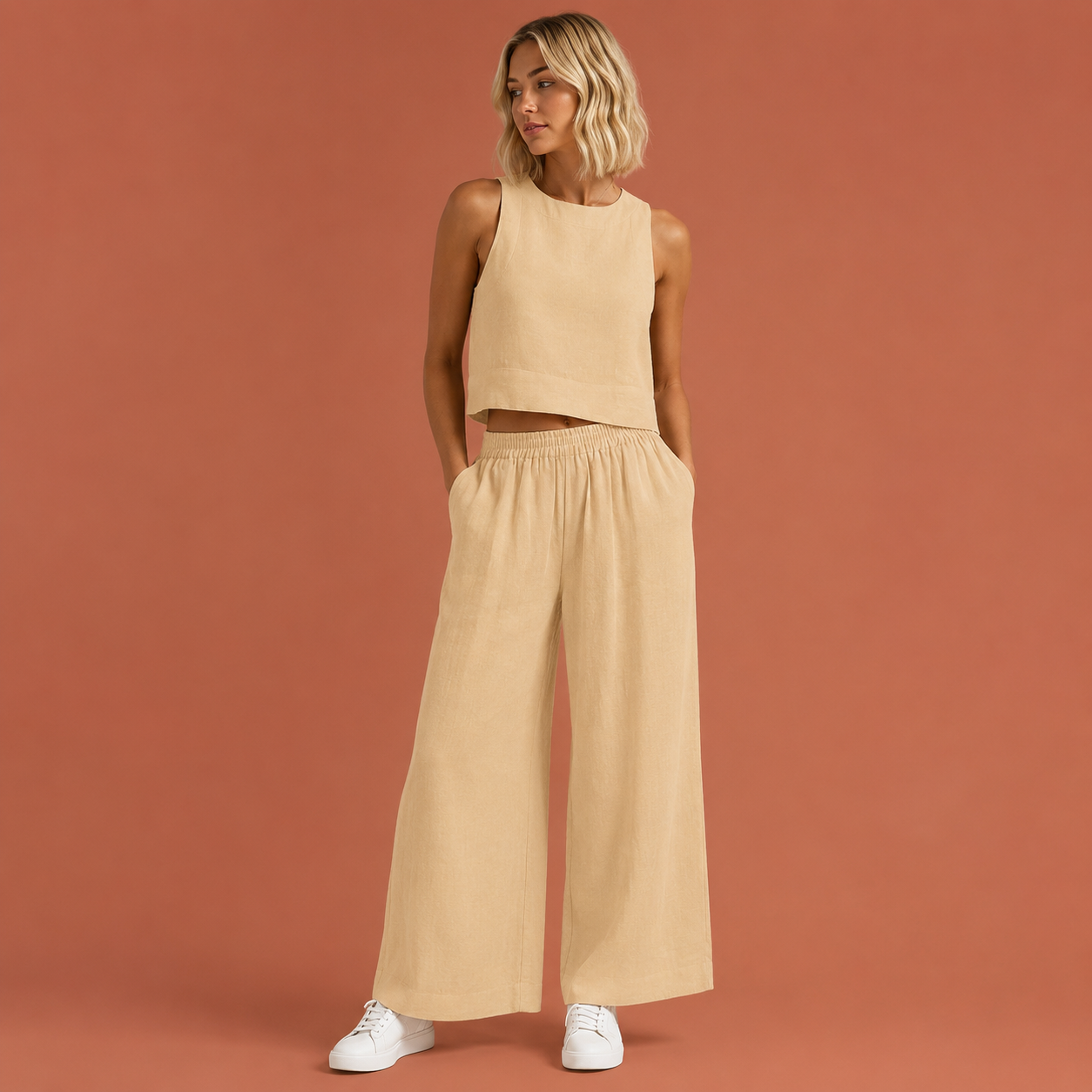 Dames linnen set in beige met minimalistisch design, zacht en comfortabel voor casual en stijlvolle outfits.