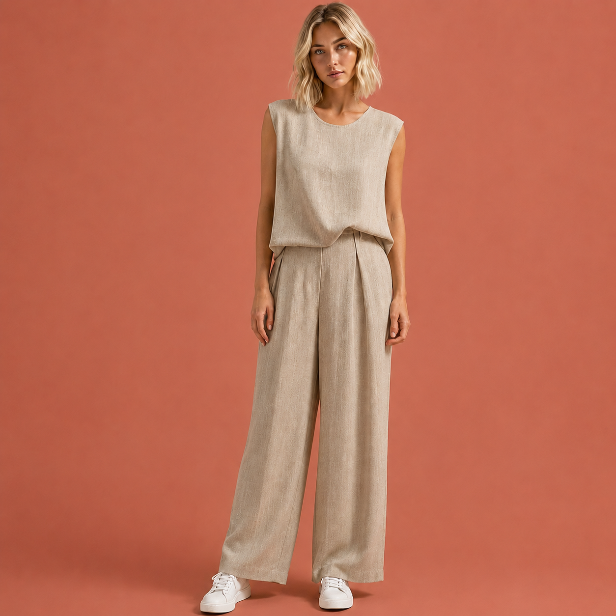 Dames linnen tweedelige set in beige met minimalistisch design, zacht en comfortabel voor casual en stijlvolle outfits.