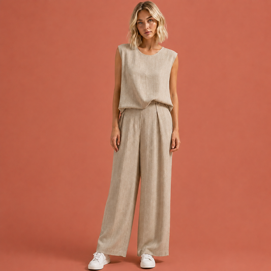 Dames linnen tweedelige set in beige met minimalistisch design, zacht en comfortabel voor casual en stijlvolle outfits.