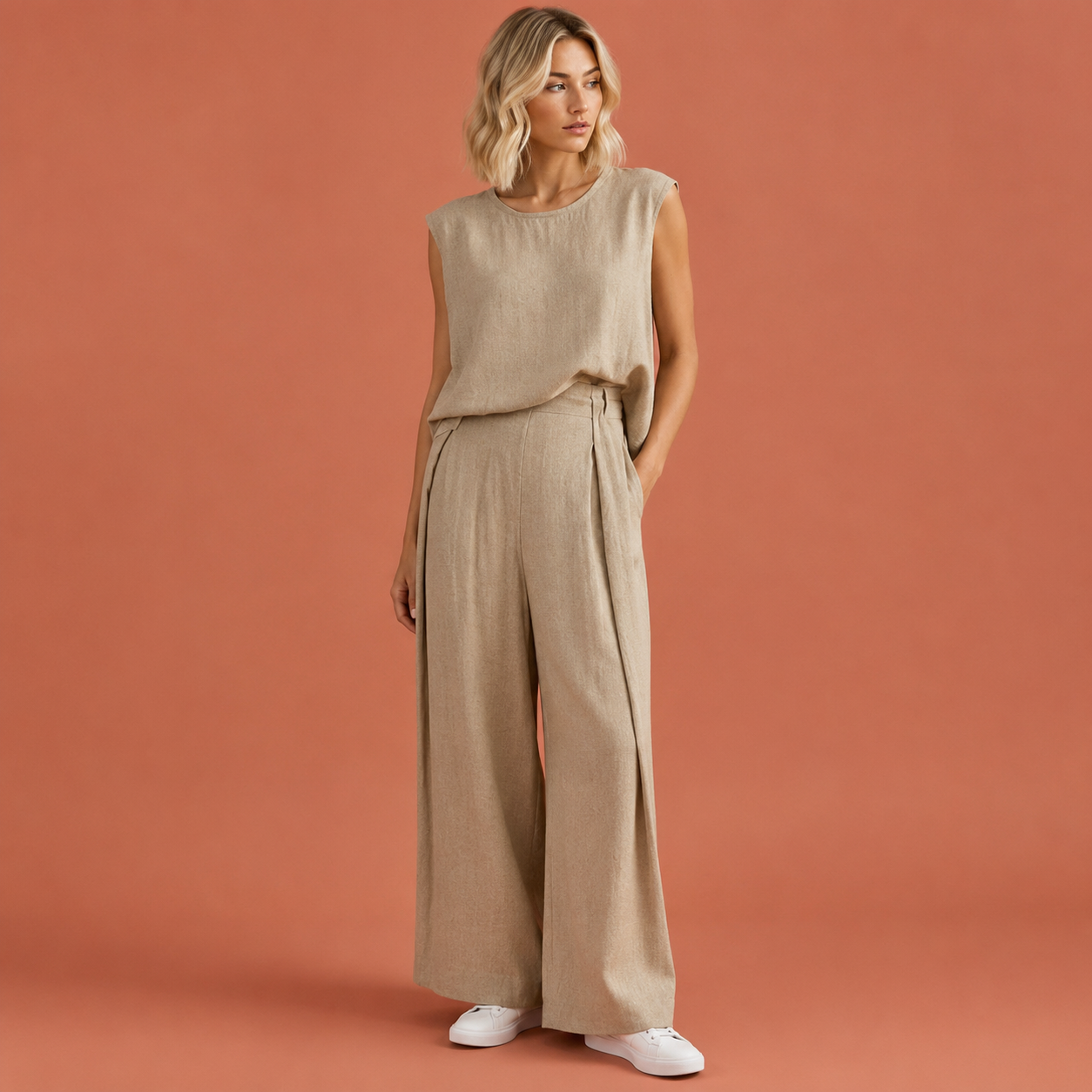 Dames linnen set in beige met minimalistisch design, zacht en comfortabel voor casual en stijlvolle outfits.