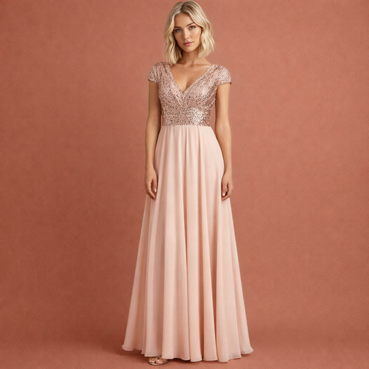 Dames maxi avondjurk in beige met minimalistisch design, zacht en comfortabel voor casual en stijlvolle outfits.