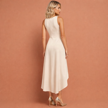 Dames midi-jurk in beige met minimalistisch design, zacht en comfortabel voor casual en stijlvolle outfits.