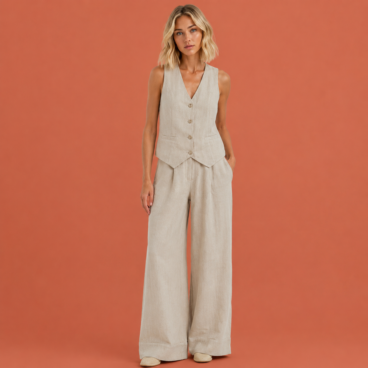 Dames set in beige met minimalistisch design, zacht en comfortabel voor casual en stijlvolle outfits.