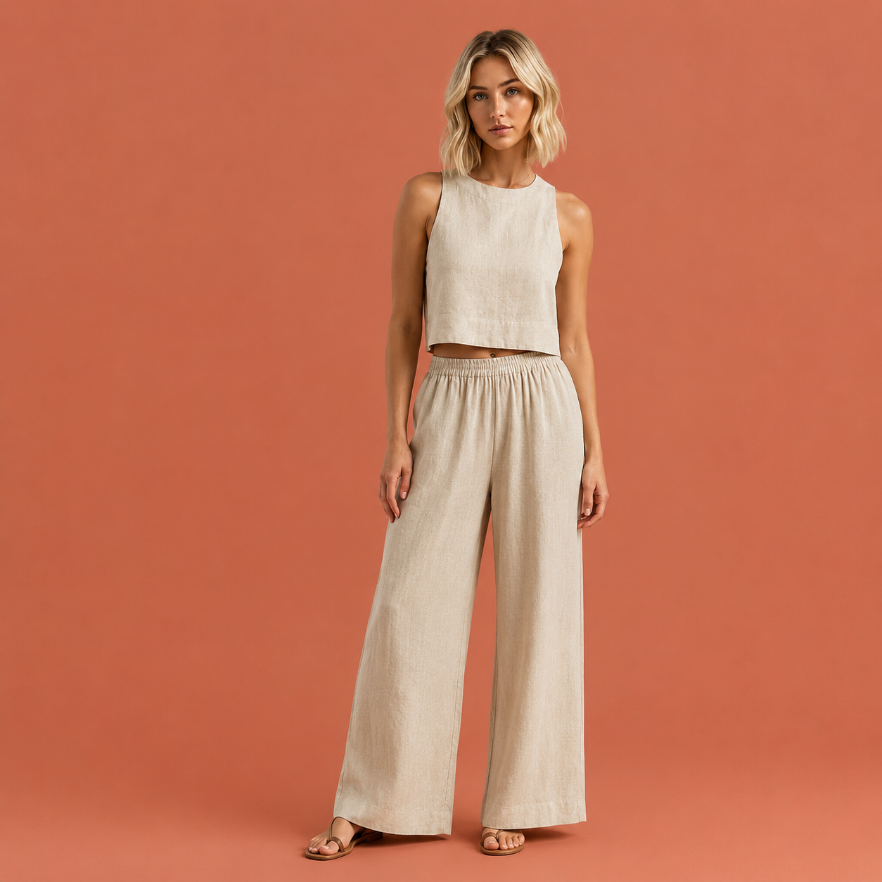 Dames tweedelige set in beige met minimalistisch design, zacht en comfortabel voor casual en stijlvolle outfits.