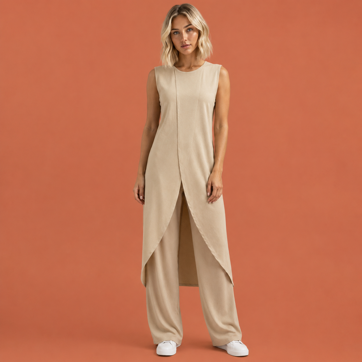 Dames tweedelige set in beige met minimalistisch design, zacht en comfortabel voor casual en stijlvolle outfits.