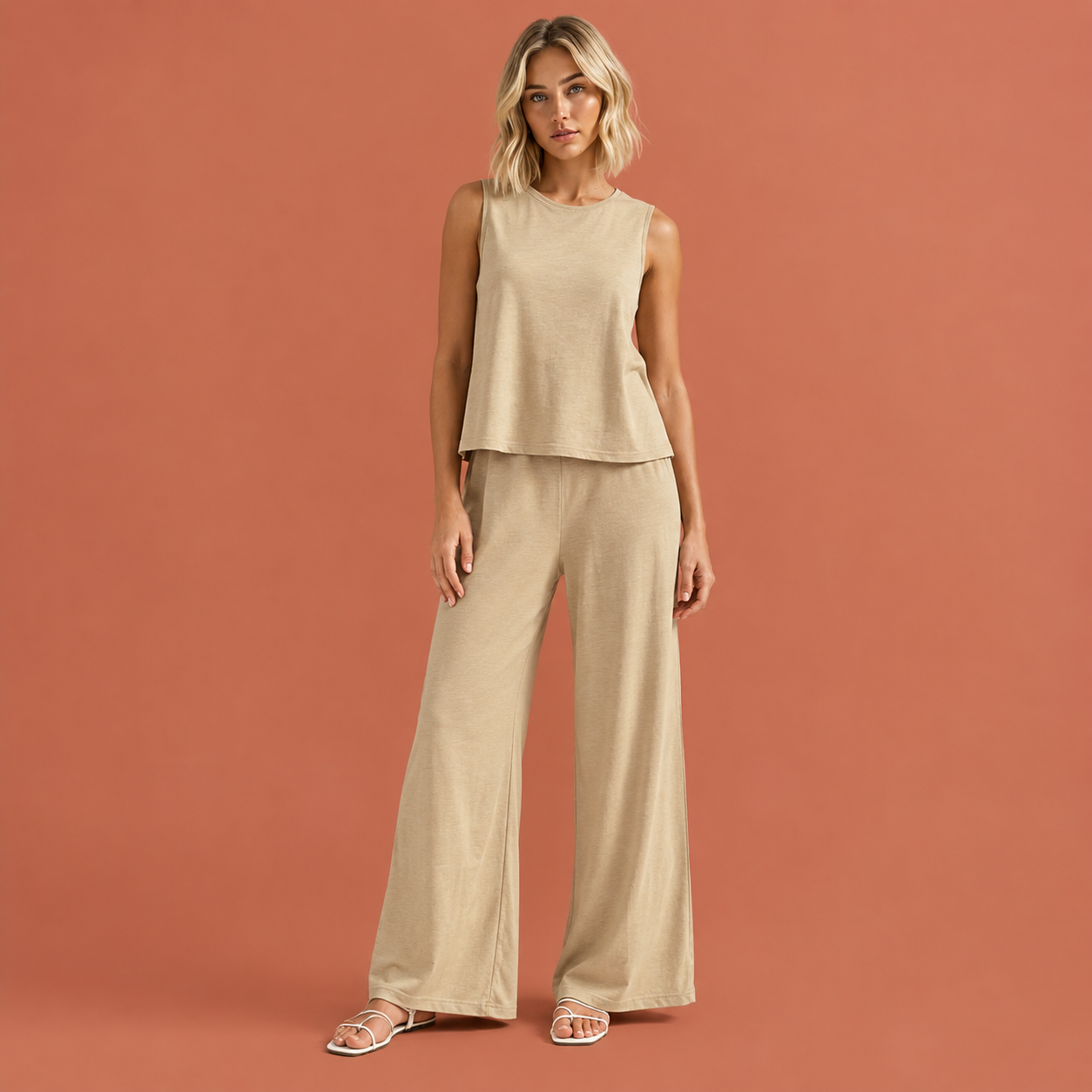 Dames zomer set in beige met minimalistisch design, zacht en comfortabel voor casual en stijlvolle outfits.