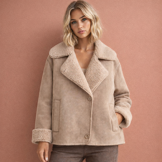Beige damesjas met reverskraag, ideaal voor een stijlvolle en comfortabele look bij dagelijks gebruik.