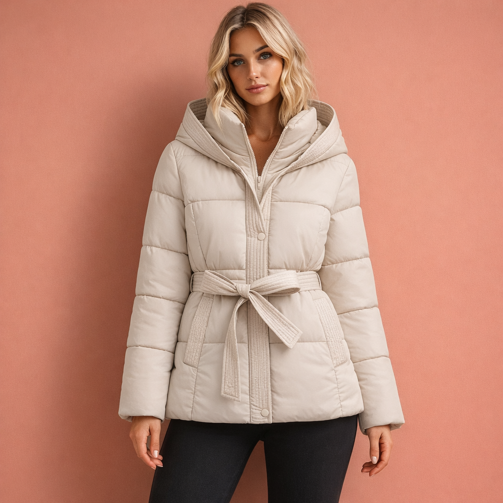 Beige elegante damesjas met capuchon en ceintuur, comfortabel en stijlvol voor dagelijks gebruik tijdens koude dagen.