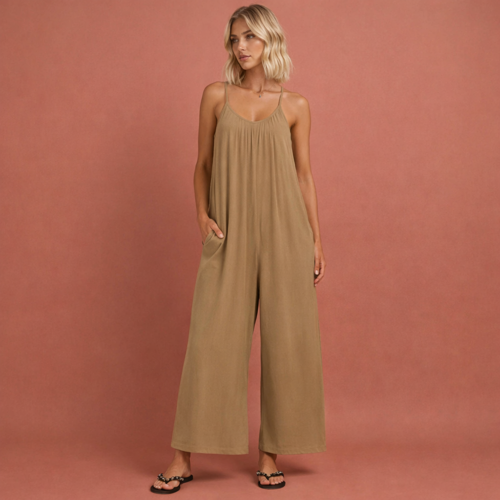 Beige elegante jumpsuit voor dames met een flatterende pasvorm, geschikt voor feestelijke en formele gelegenheden.