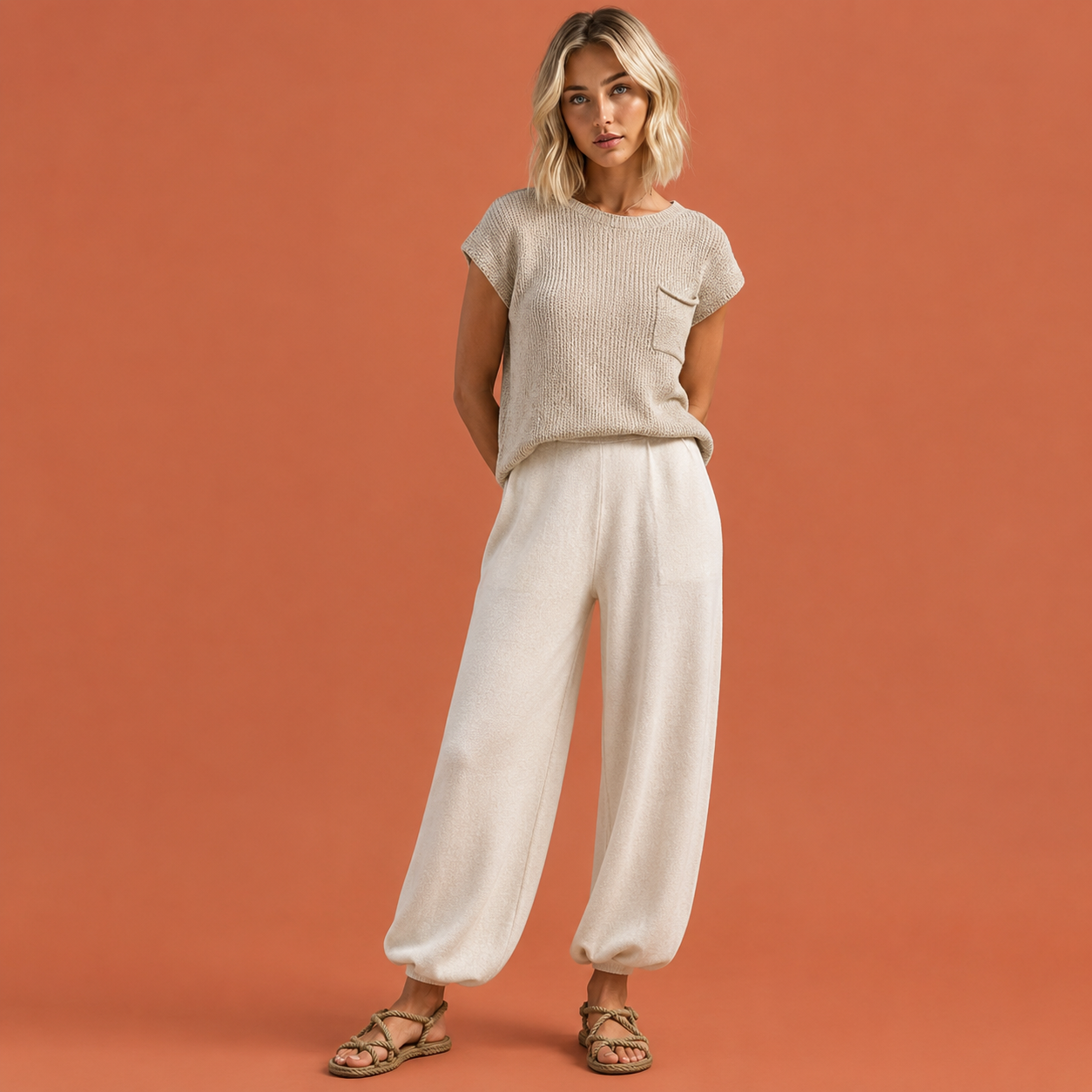 Dames gebreide set in beige met minimalistisch design, zacht en comfortabel voor casual en stijlvolle outfits.