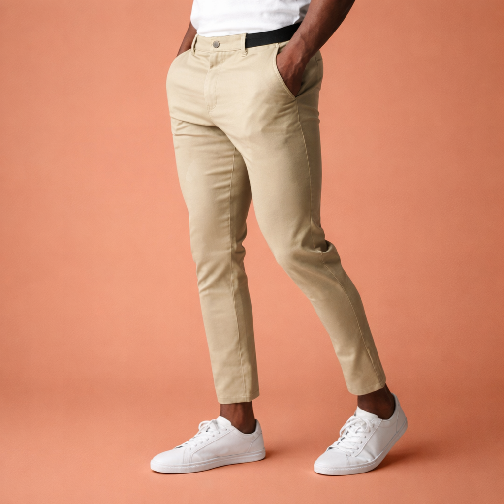 Heren chino broek in beige met minimalistisch design, zacht en comfortabel voor casual en stijlvolle outfits.