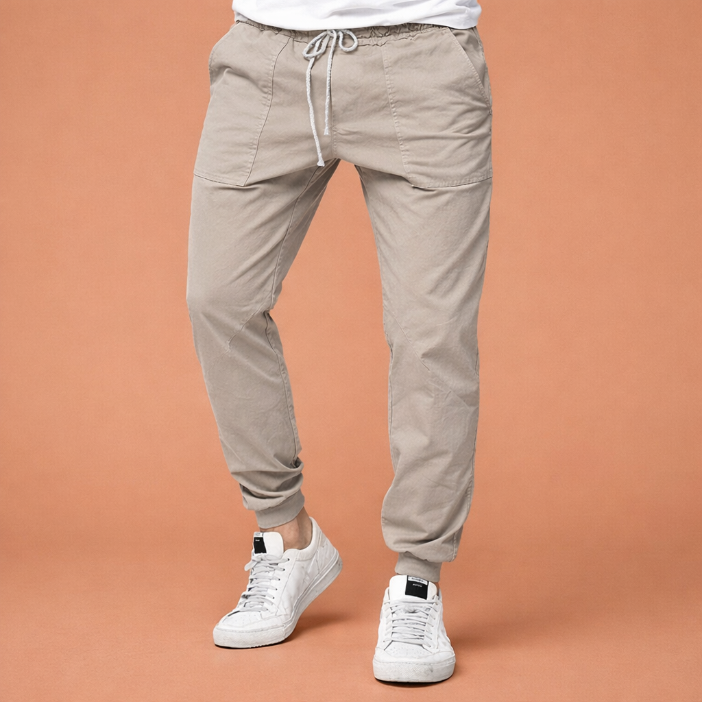 Heren jogger broek in beige met minimalistisch design, zacht en comfortabel voor casual en stijlvolle outfits.