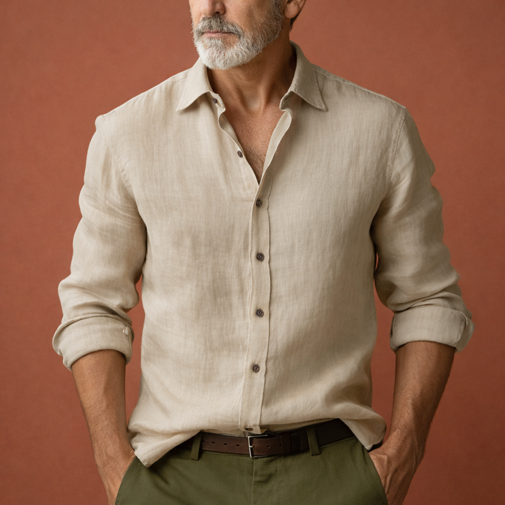 Heren linnen overhemd in beige met minimalistisch design, zacht en comfortabel voor casual en stijlvolle outfits.