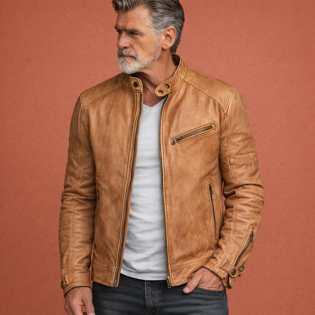Beige herenjas met opstaande kraag en ritssluiting, met comfortabele pasvorm voor dagelijks gebruik en nette outfits.