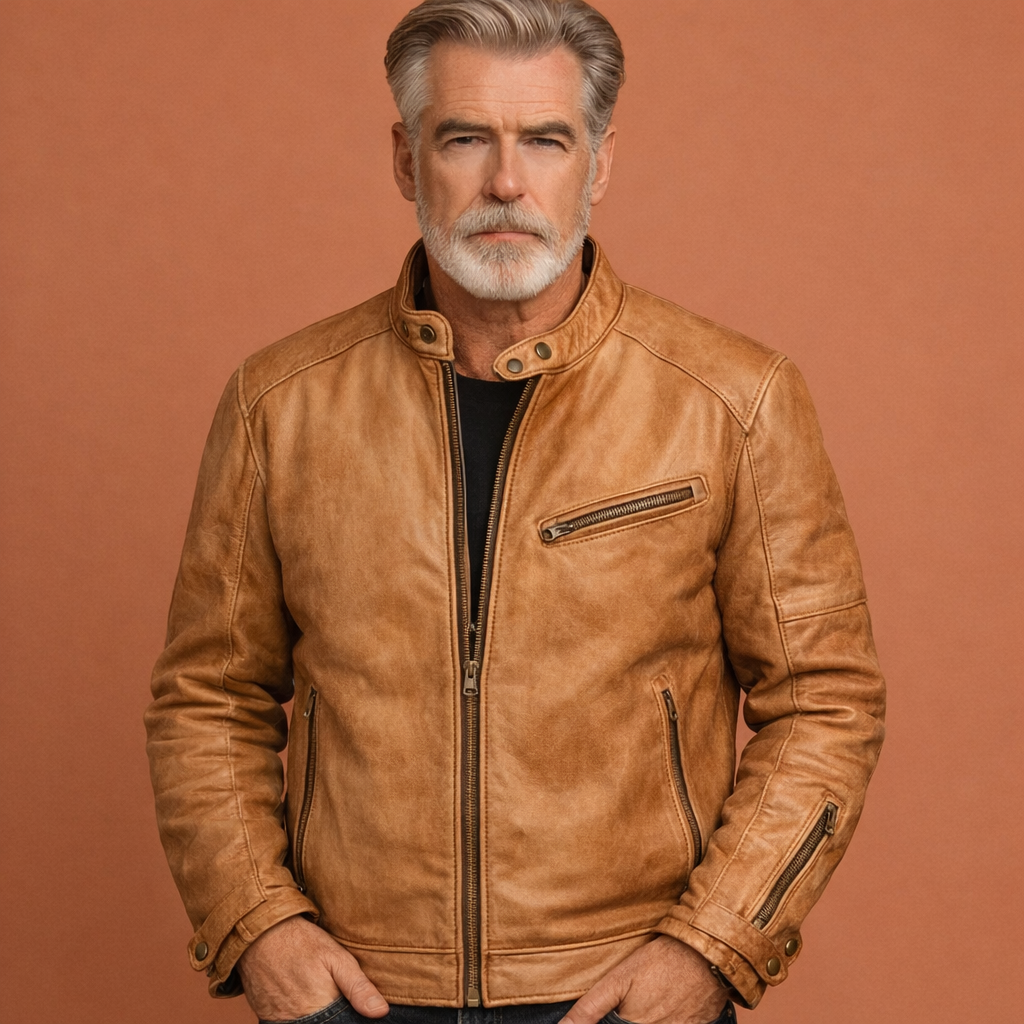 Beige herenjas met opstaande kraag en comfortabele pasvorm, geschikt voor dagelijks gebruik in herfst en winter.