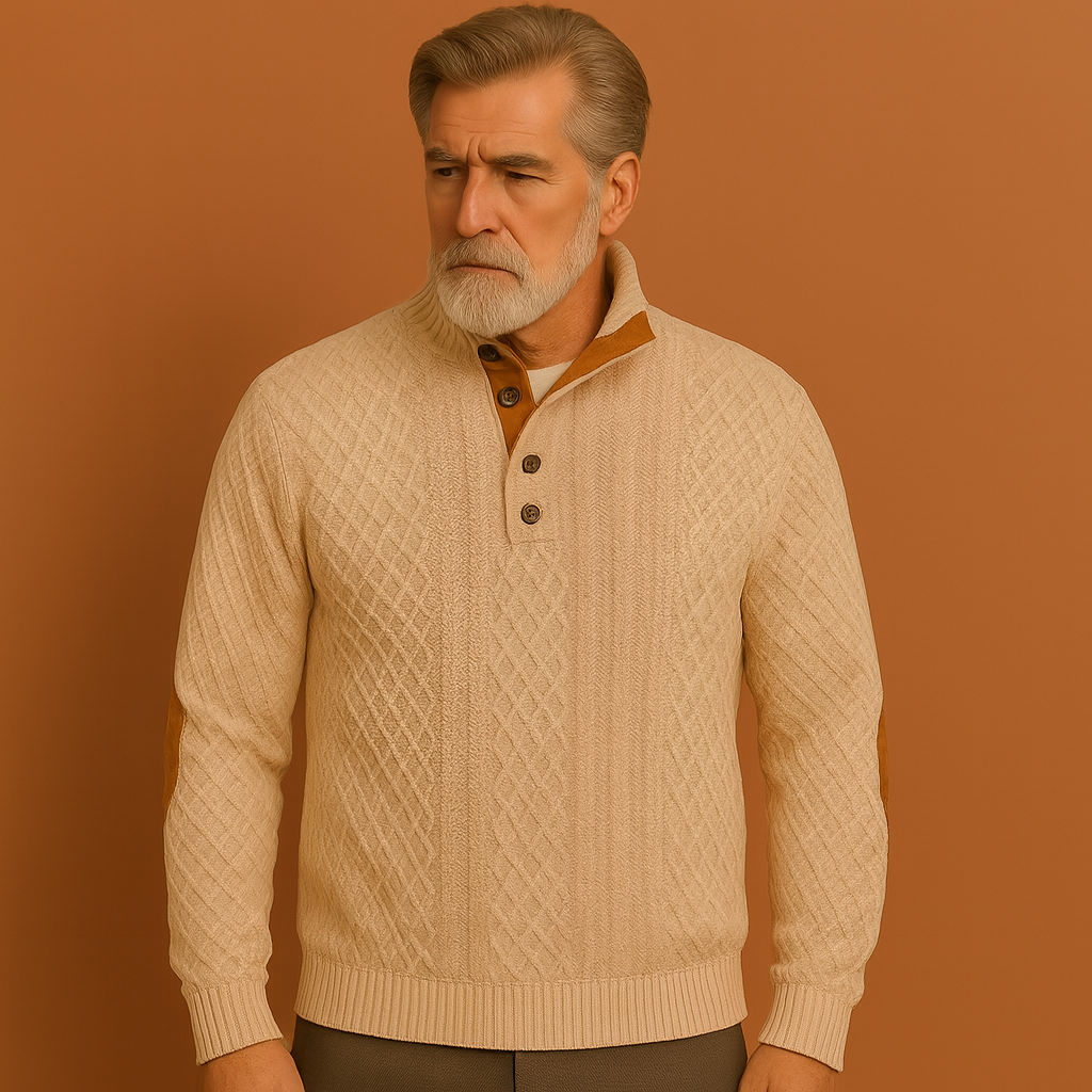 Beige herentrui met knoopkraag en elleboogdetails, geschikt voor een comfortabele en stijlvolle casual look.
