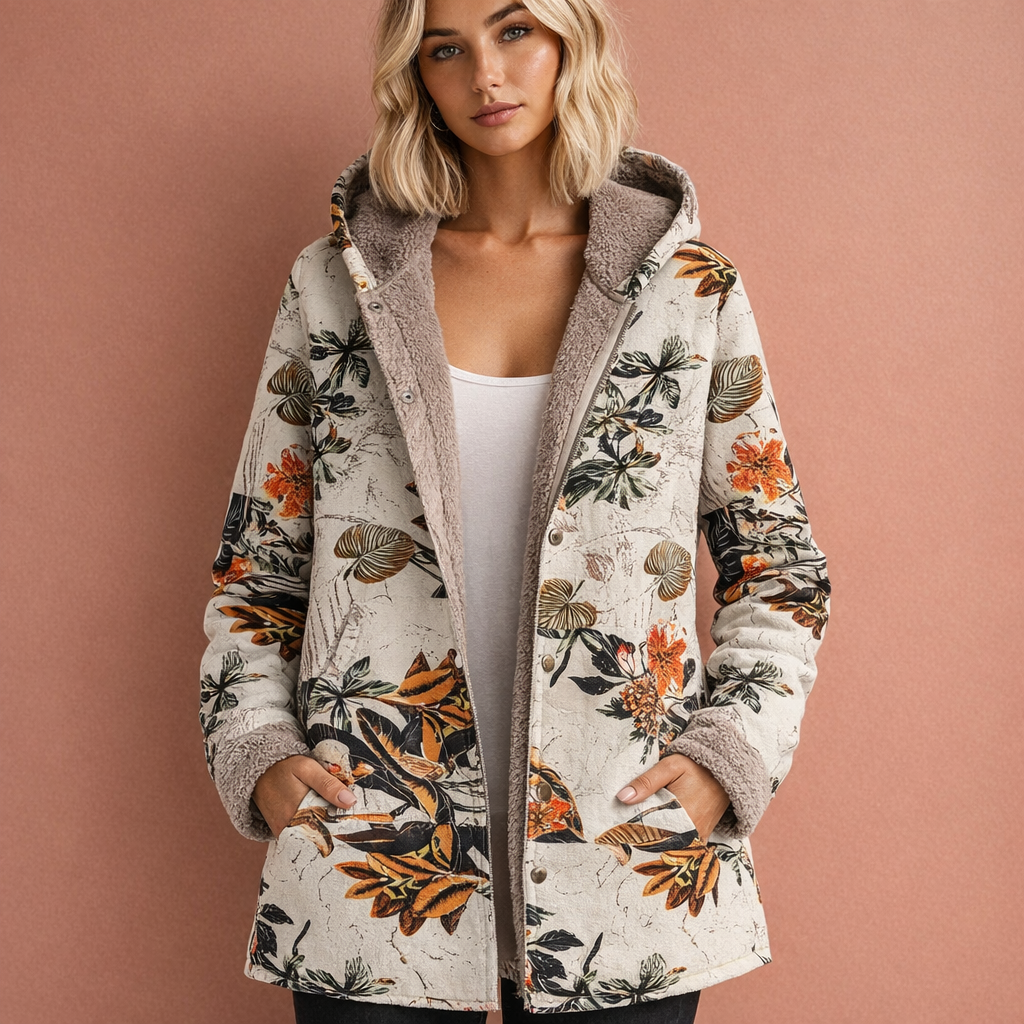 Beige dames jas met capuchon en comfortabele pasvorm, ideaal voor dagelijks gebruik en koude dagen.