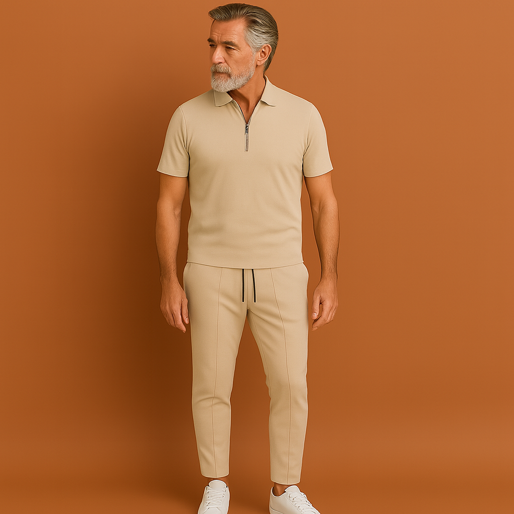 Lichtgewicht trainingspak voor heren in beige kleur met moderne en flexibele pasvorm voor sport en dagelijks gebruik.