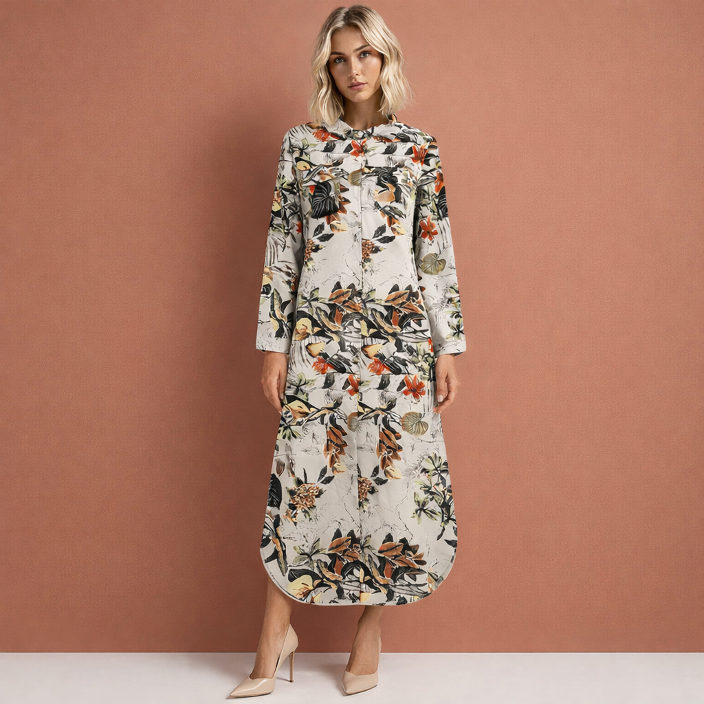 Beige lange bloemenjurk met knoopsluiting voor dames, elegante maxi jurk voor zomerse dagen of vakantie.