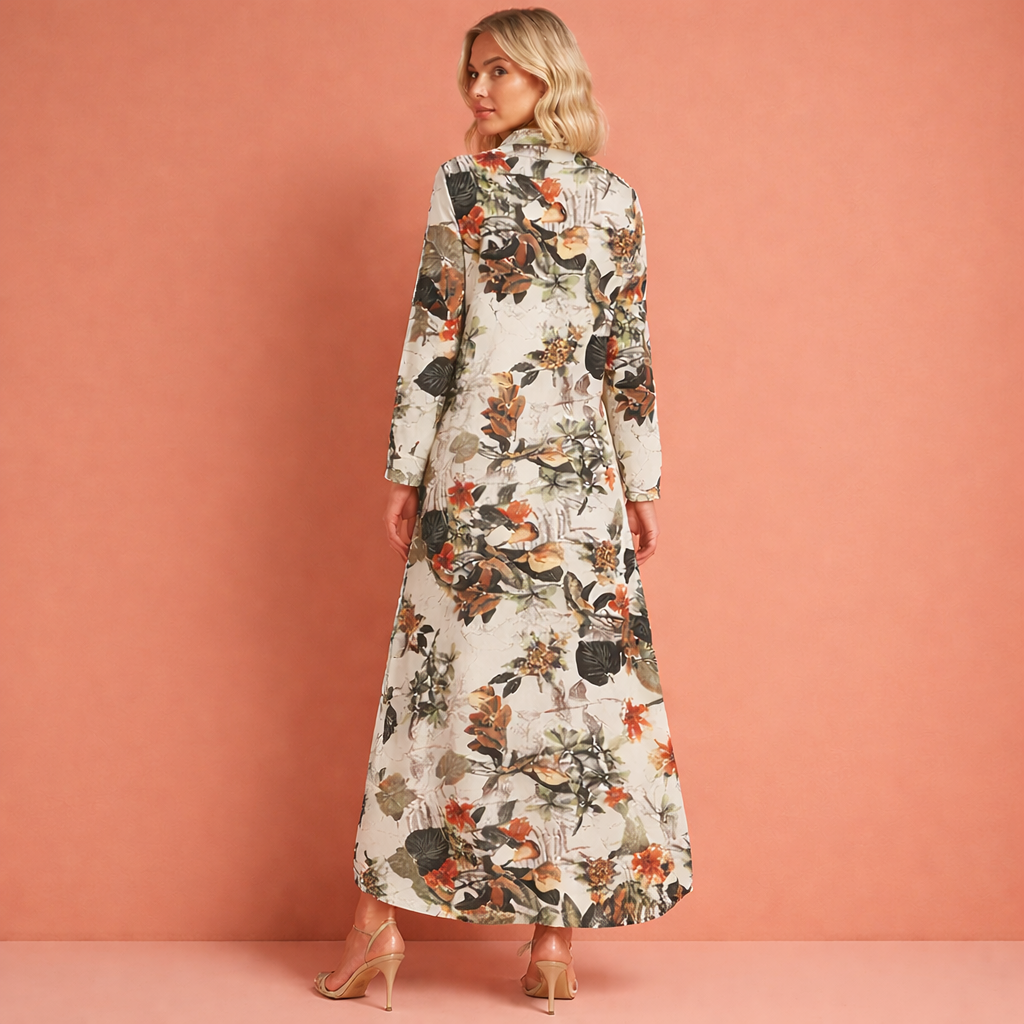 Beige maxi jurk met bloemenprint en knoopsluiting voor dames, elegante lange jurk voor zomerse dagen of vakantie.