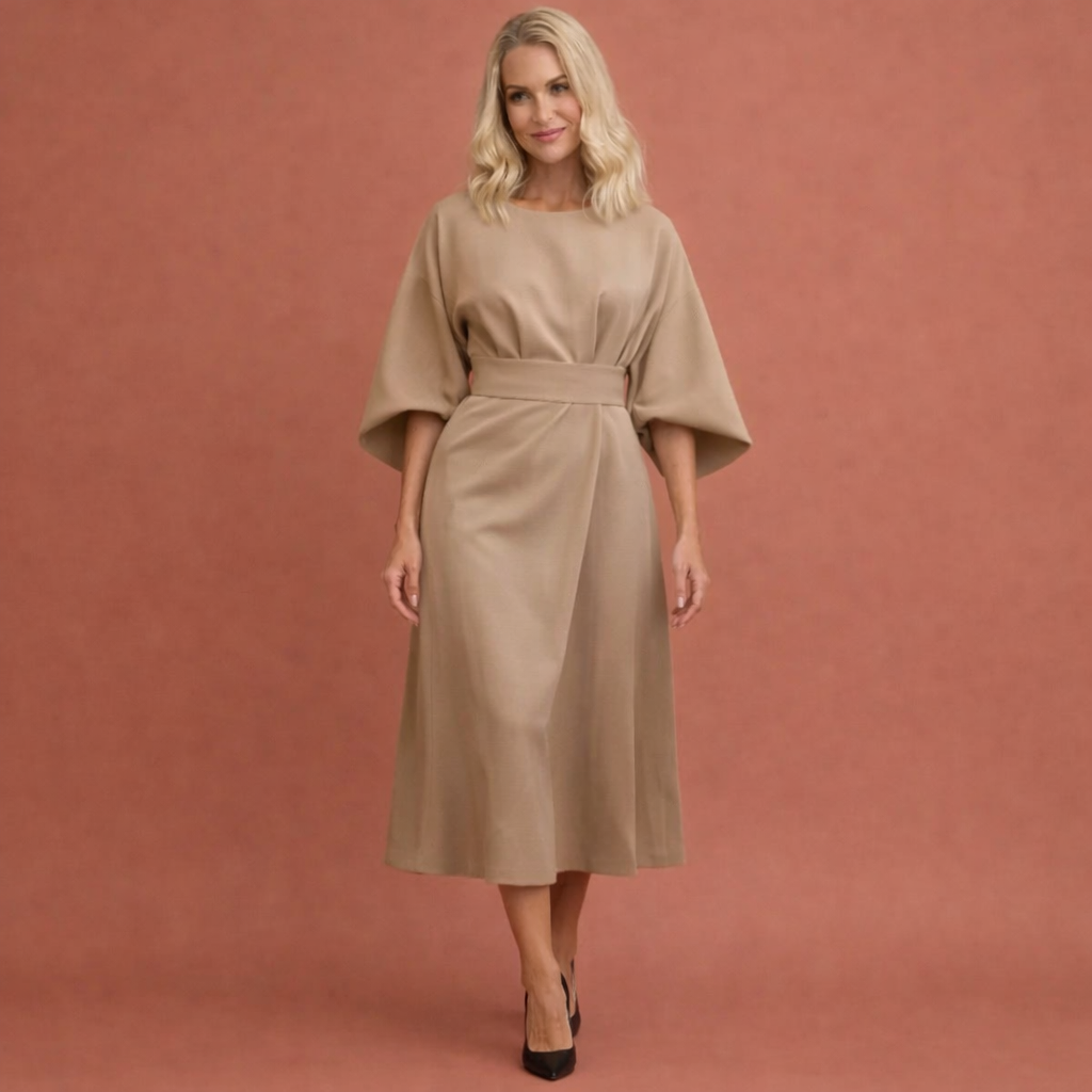 Beige midi-jurk met lantaarnmouwen en ceintuur voor dames, elegante jurk voor feest, diner of formele gelegenheid.