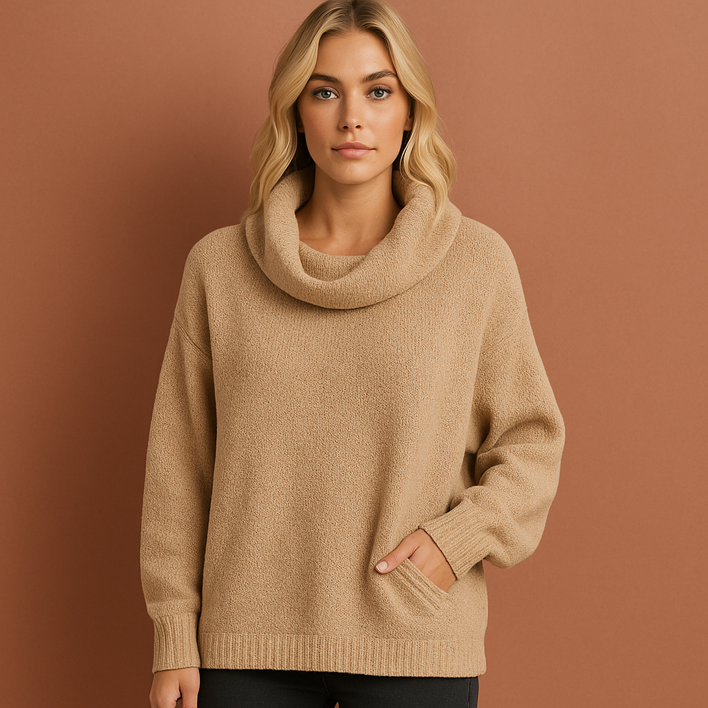 Beige dames coltrui met elegante pasvorm en tijdloze uitstraling, perfect voor koude dagen en stijlvolle outfits.