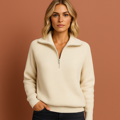 Beige stijlvolle dames sweater met moderne pasvorm, ideaal voor casual en elegante outfits in de herfst en winter.
