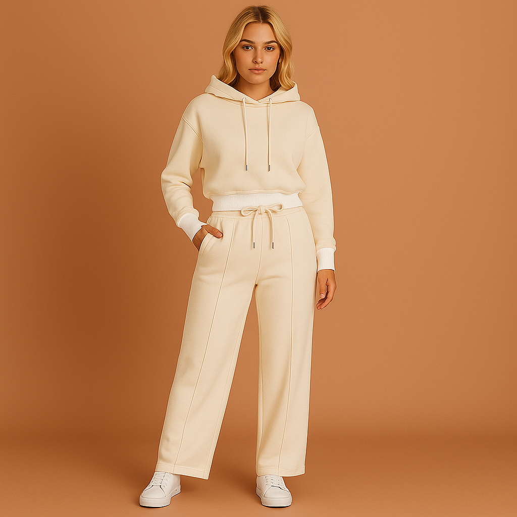 Beige dames trainingspak met hoodie en wijde broek, geschikt voor casual outfits en dagelijks gebruik.
