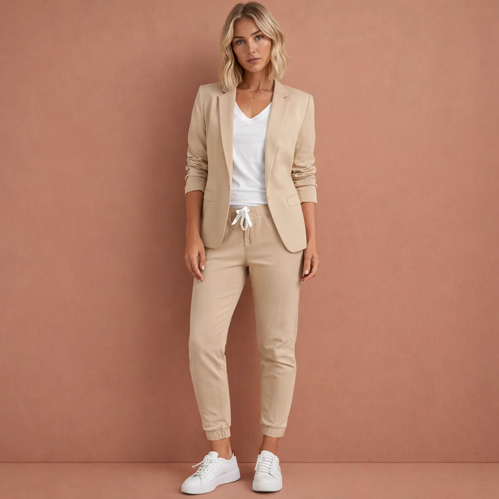 Beige tweedelige blazer set voor dames met een elegante pasvorm, ideaal voor werk en formele gelegenheden.