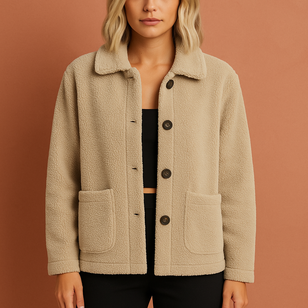 Beige warm jasje voor dames met moderne snit, comfortabel en elegant voor herfst- en winterdagen.