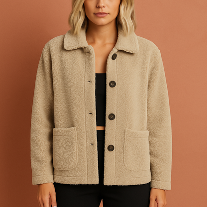 Beige warm jasje voor dames met moderne snit, comfortabel en elegant voor herfst- en winterdagen.