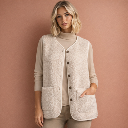 Beige warm mouwloos gilet voor dames met een comfortabele pasvorm, ideaal voor casual outfits en koelere dagen.