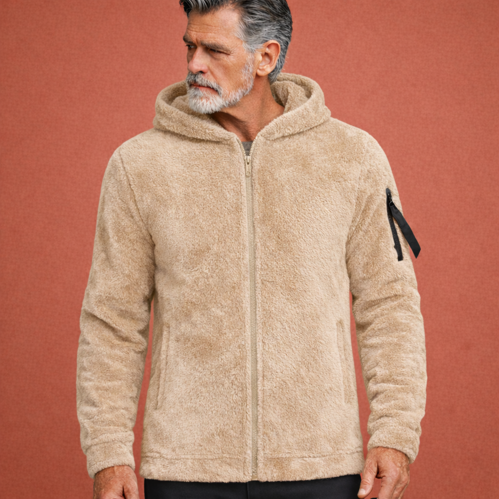 Beige warm heren vest met capuchon en ritssluiting, geschikt voor dagelijks gebruik en comfortabele casual outfits.