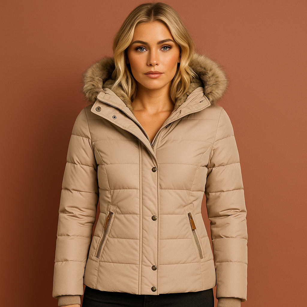 Beige winterjas voor dames met warme pluche voering en comfortabele pasvorm, ideaal voor koude winterdagen.