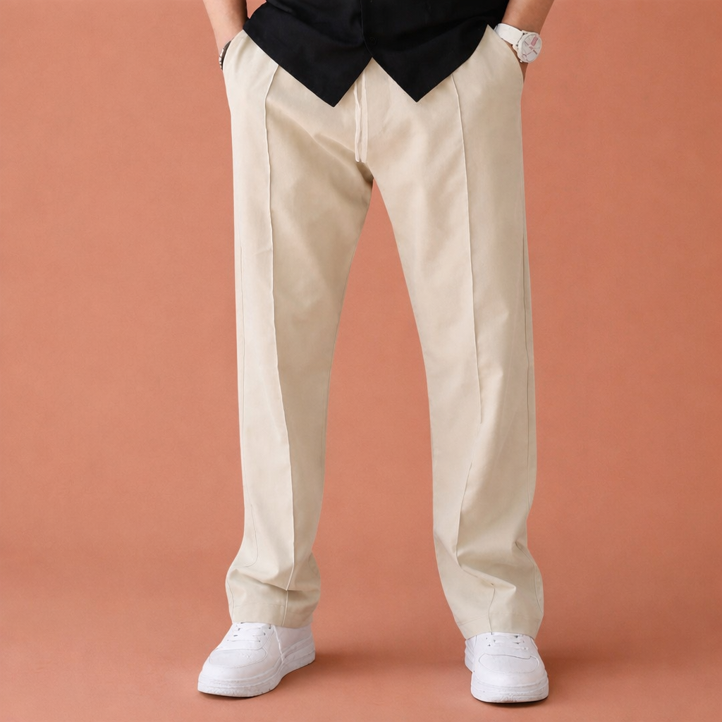 Heren wijde broek in beige met minimalistisch design, comfortabel en stijlvol voor casual en dagelijkse outfits.