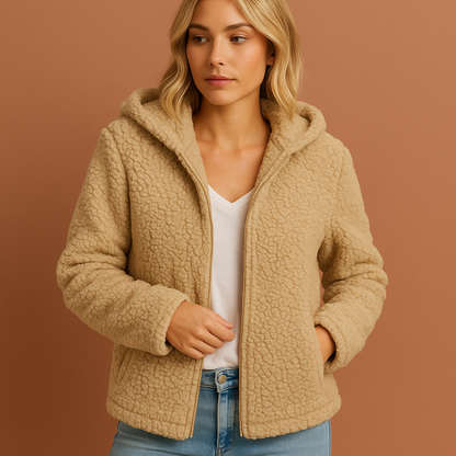 Beige winterjas voor dames met capuchon, geschikt voor koude dagen en dagelijks gebruik.