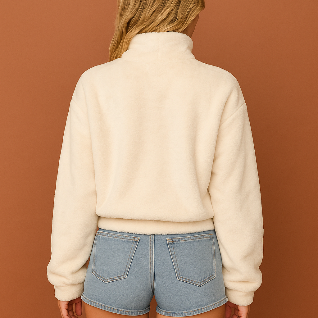 Beige zachte dames coltrui met fluffy structuur en hoge kraag, ideaal voor warmte en stijlvolle winterlooks