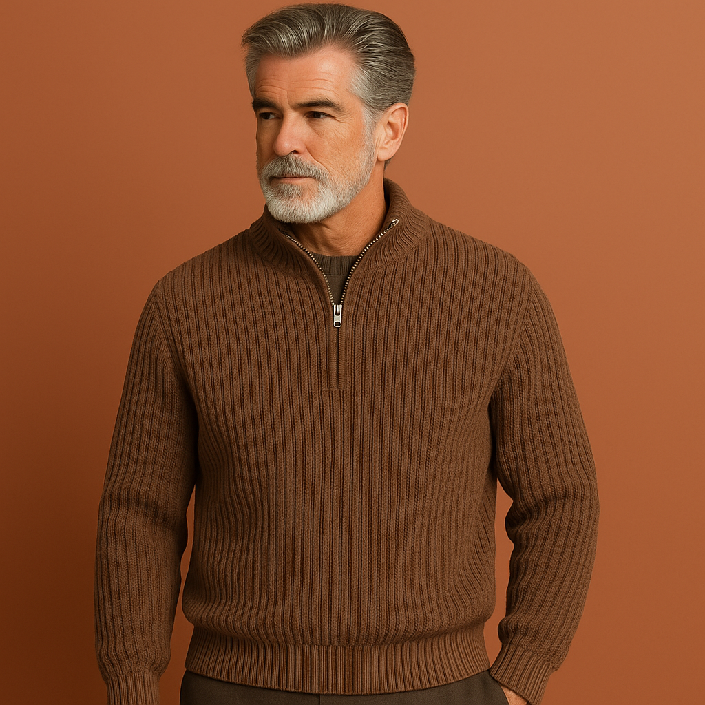 Zip pullover trui voor heren in beige kleur, ideaal voor koude dagen en casual outfits.