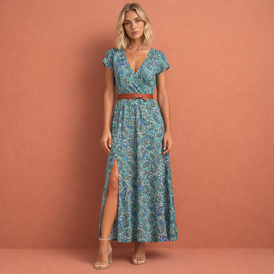 Blauw-witte maxi-jurk voor dames met paisleypatroon, tailleband en hoge split, perfect voor zomerse en elegante gelegenheden.