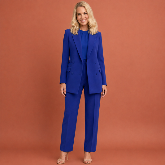 Dames broekpak in blauw met minimalistisch design, zacht en comfortabel voor casual en stijlvolle outfits.