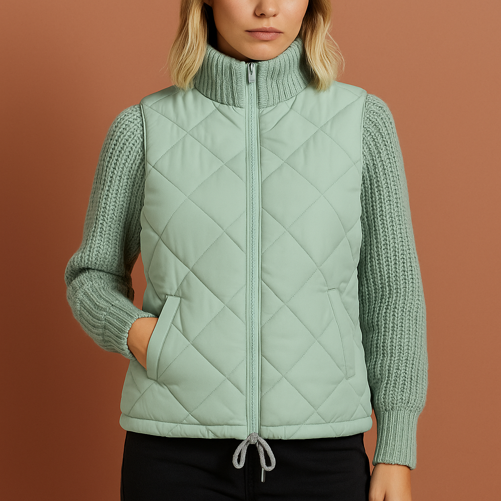 Dames patchwork gebreid vest in blauw met patchworkdetails, warm en modieus voor koude dagen.