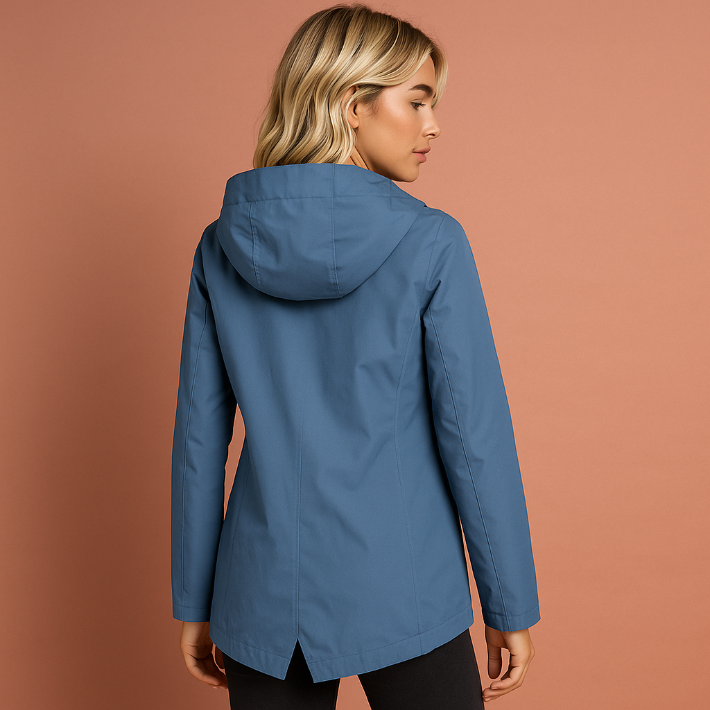 Dames waterdichte jas in blauw met capuchon, stijlvol en comfortabel voor regenachtige dagen achterkant.