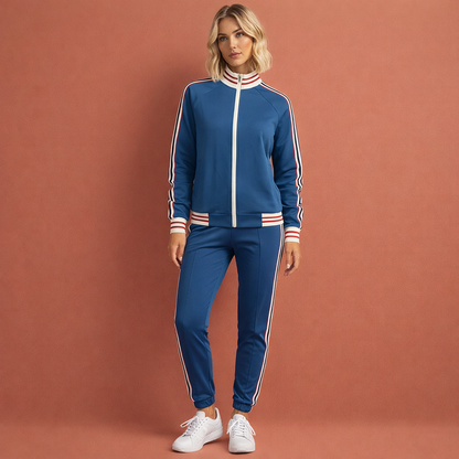Blauw gestreept dames trainingspak met comfortabele pasvorm, geschikt voor sport en dagelijks gebruik.