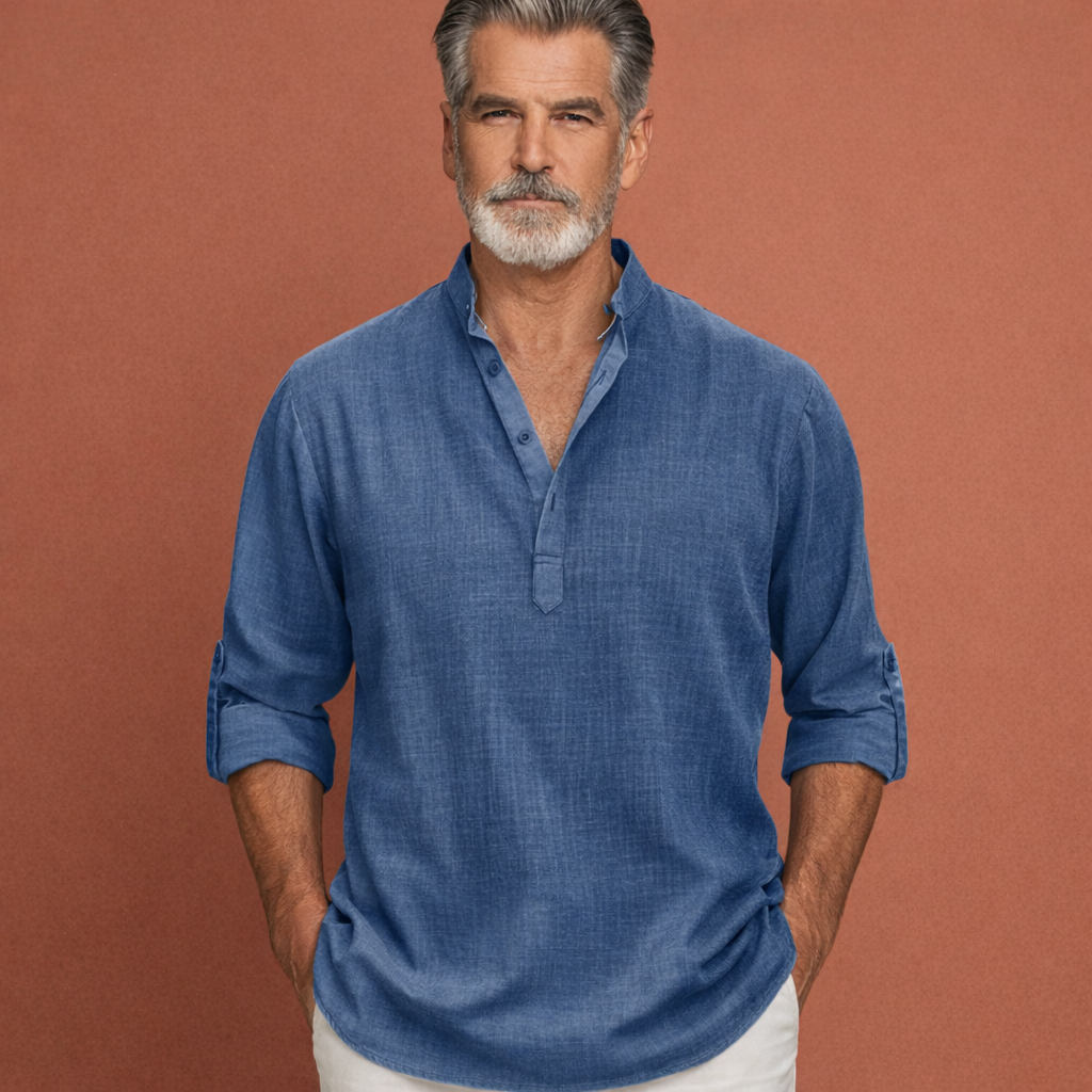 Heren linnen overhemd in blauw met klassiek design, ademend en comfortabel voor casual en stijlvolle outfits.