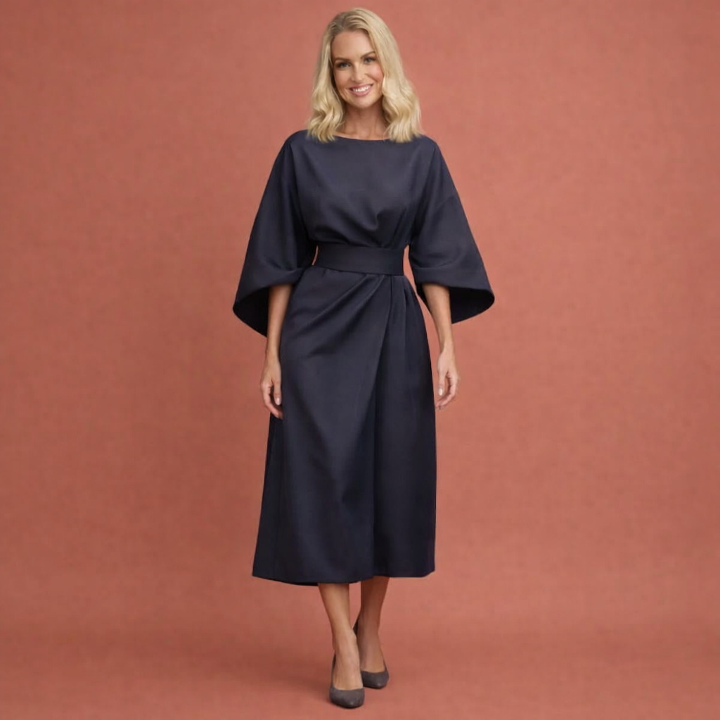 Blauw marine midi-jurk met lantaarnmouwen en ceintuur voor dames, elegante jurk voor feest, diner of formele gelegenheid.