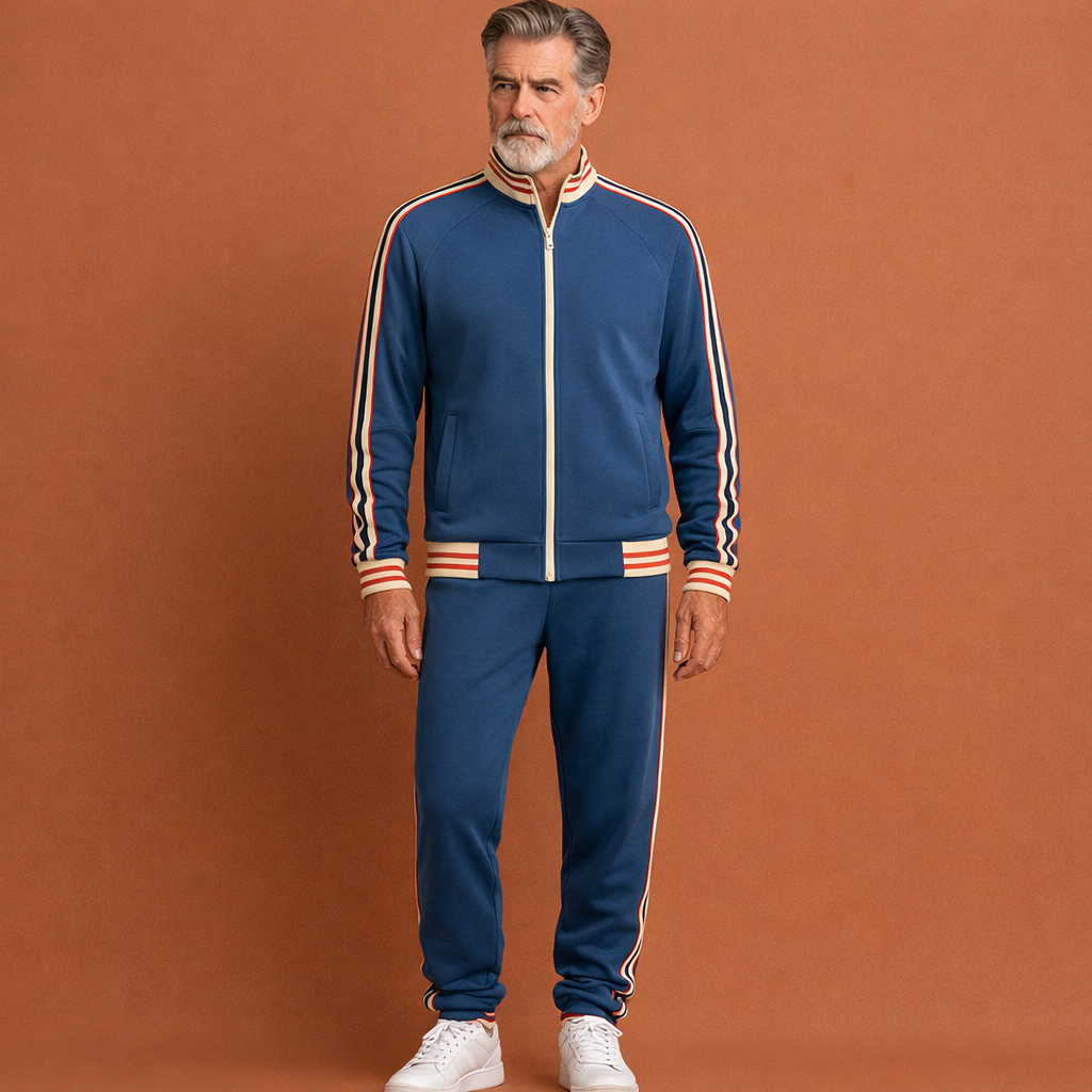 Blauw stijlvol heren trainingspak met strepen en comfortabele pasvorm, ideaal voor sport en casual gebruik.
