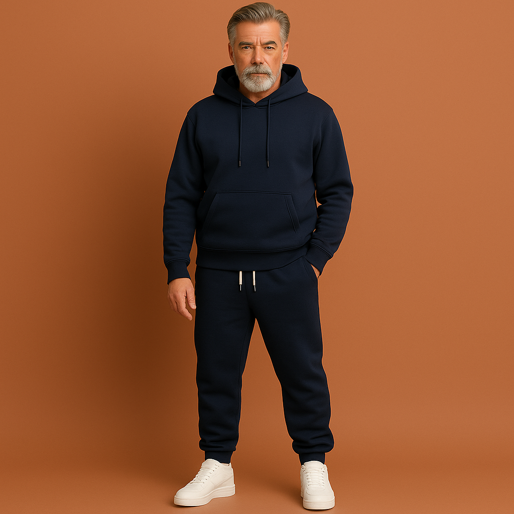 Blauw heren trainingspak met hoodie en tapered joggers, geschikt voor casual outfits en dagelijks gebruik.