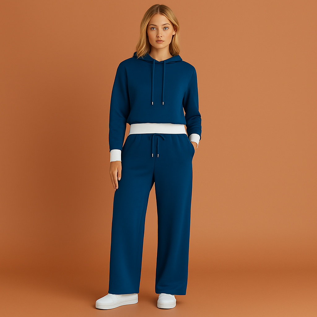 Blauw dames trainingspak met hoodie en wijde broek, geschikt voor casual outfits en dagelijks gebruik.
